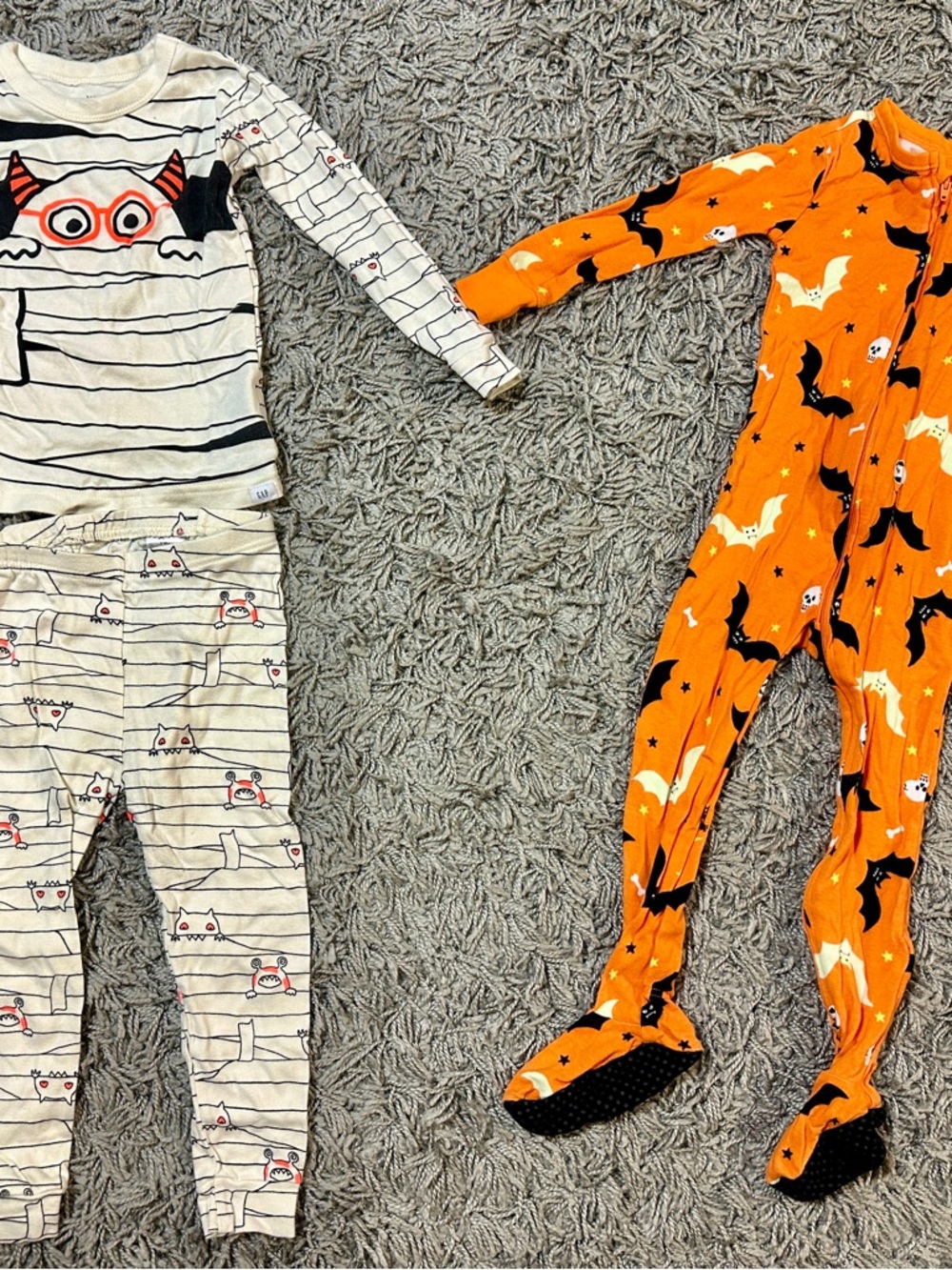 Halloween Bat & Monster Kids Pajama Set - Orange + Cream